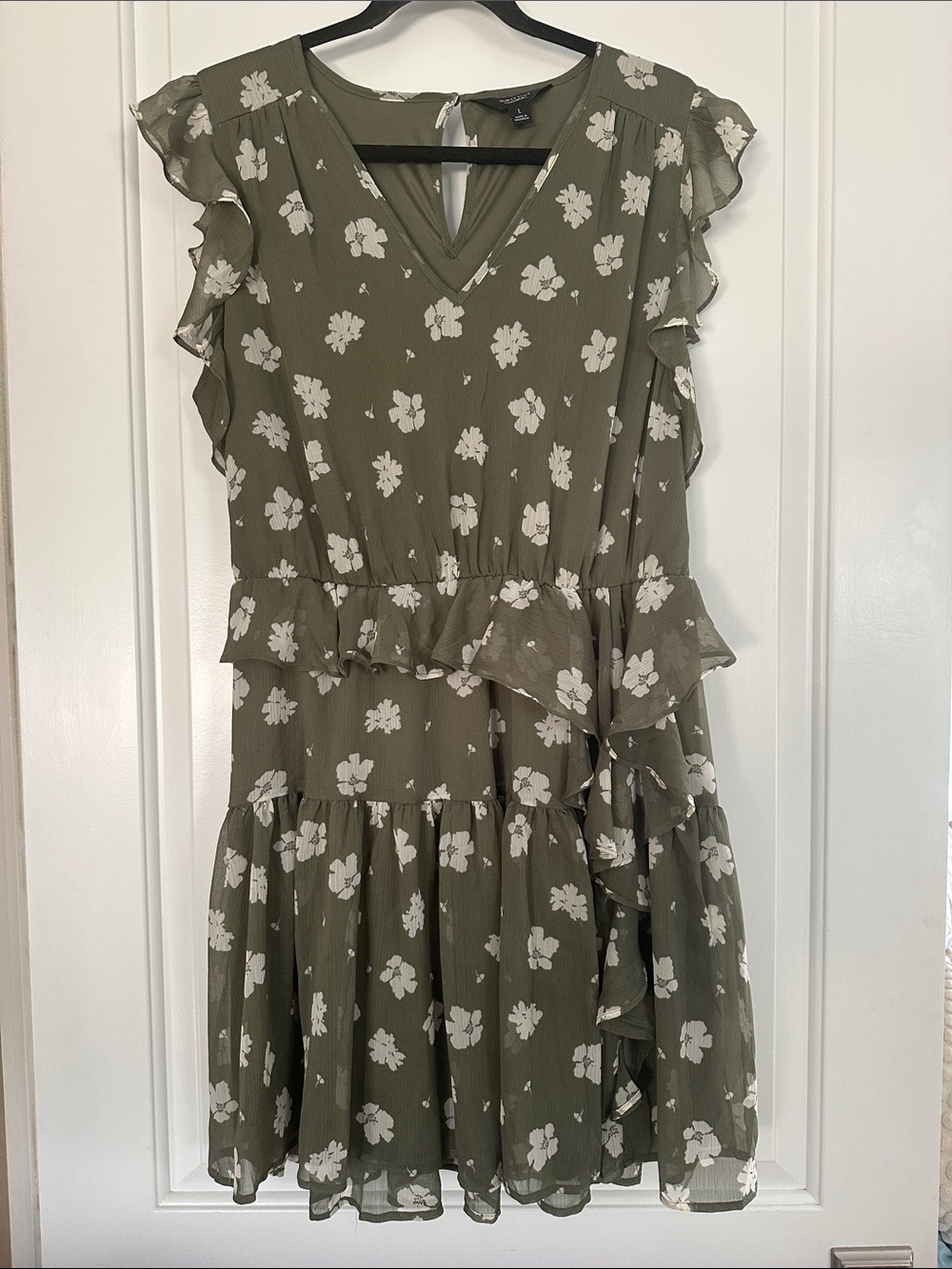 Simply Vera Vera Wang Olive and White Floral Ruffle Mini Dress